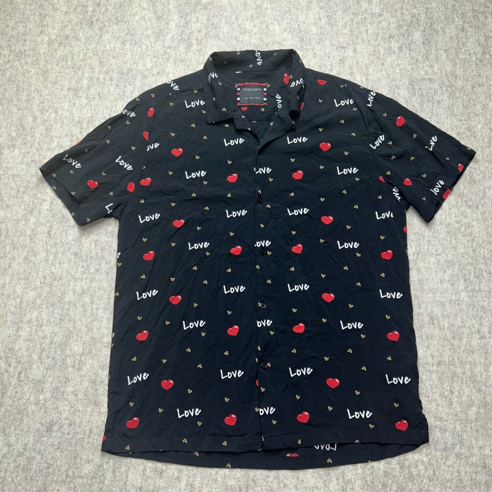 Denim & Flower Love Heart Print Button Down Short Sleeve Shirt‎ - Mens Large